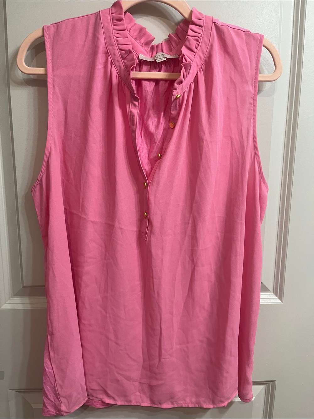 LOFT Pink Ruffle Neck Sleeveless Shell